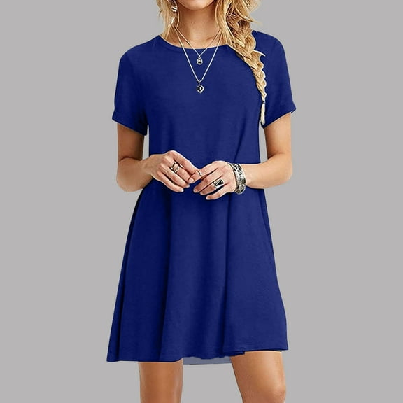Plus Size Dresses Sawvnm Women's Fashion Casual Short Sleeve Solid Round Neck Ladies Loose Mini Dress Christmas Gift