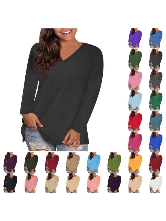 Women's Fashion V-Neck Solid Loose Long Sleeve T-shirt Pullover Tops Womens Fall Fashion 2024 Dark Gray(V-Neck) XL