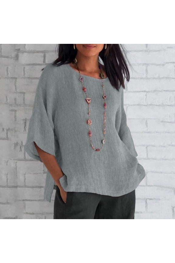 Women's Ladies Fashion Cropped Sleeves Elbow-Length Round Neck Cotton Loose Shirt Blouse Casual Tops