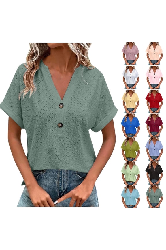 Women's Plus Size Fashion Casual Solid Button V Neck T-shirt Tops Blouse Green 3XL