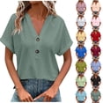 thumbnail image 1 of Sawvnm Women's Plus Size Fashion Casual Solid Button V Neck T-shirt Tops Blouse Green 3XL, 1 of 7