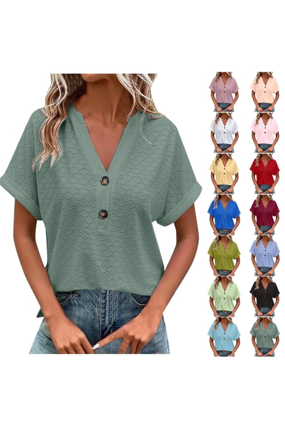 Women's Plus Size Fashion Casual Solid Button V Neck T-shirt Tops Blouse Green 3XL