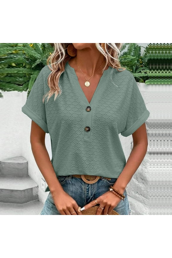 Women's Plus Size Fashion Casual Solid Button V Neck T-shirt Tops Blouse Green 3XL