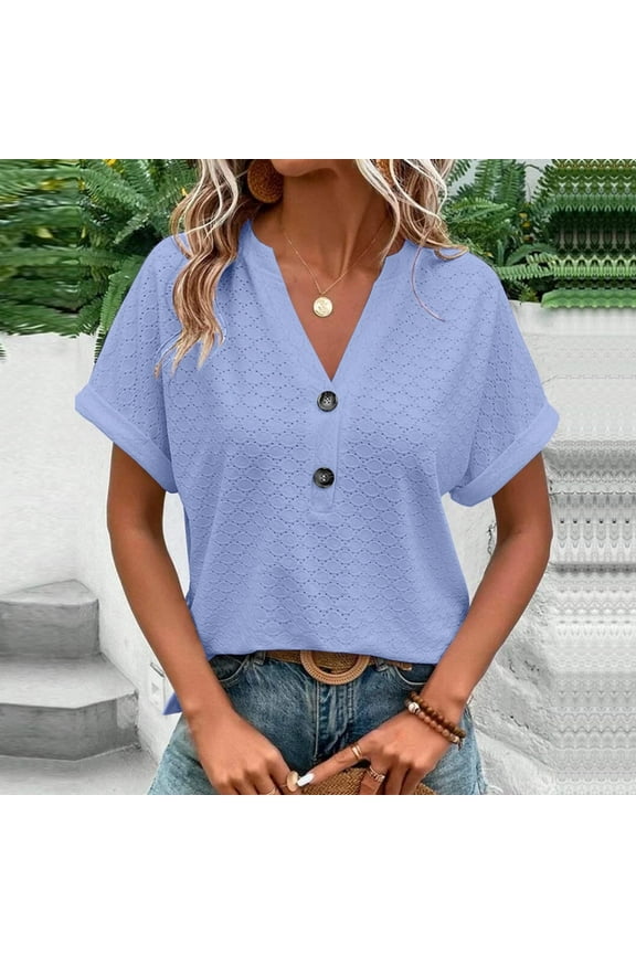 Women's Plus Size Fashion Casual Solid Button V Neck T-shirt Tops Blouse Purple 3XL