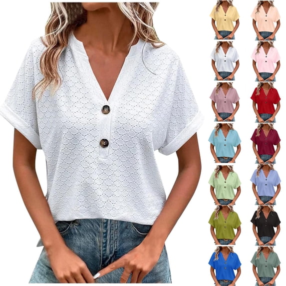 Sawvnm Women's Plus Size Fashion Casual Solid Button V Neck T-shirt Tops Blouse White 3XL