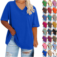 thumbnail image 1 of Spring Tops for Women Sawvnm Women's Plus Size Summer Short Sleeve Tunic Shirts Casual V-Neck Rollable Blouse Tops, 1 of 6