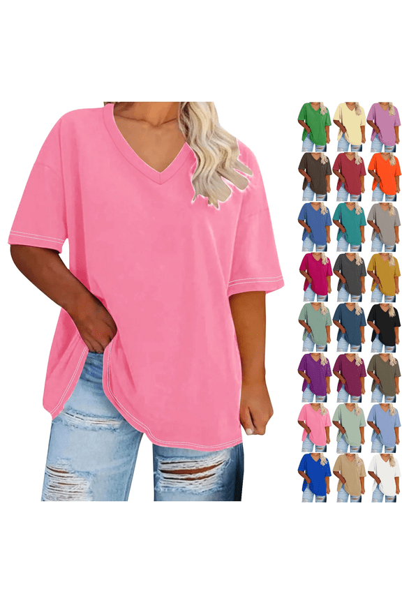 Spring Tops for Women Sawvnm Women's Plus Size Summer Short Sleeve Tunic Shirts Casual V-Neck Rollable Blouse Tops