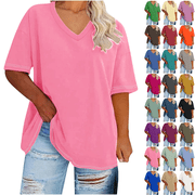 Spring Tops for Women Sawvnm Womens Plus Size Summer Short Sleeve Tunic Shirts Casual V-Neck Rollable Blouse Tops