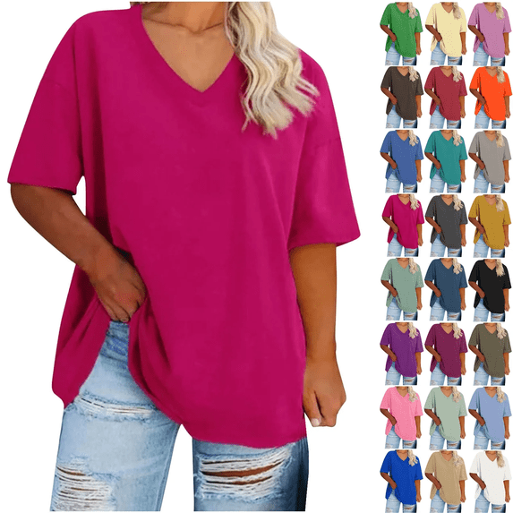Sawvnm Women's Plus Size Summer Short Sleeve Shirts Zip Casual Tunic V-Neck Rollable Blouse Tops Hot Pink XXL Holiday Gift