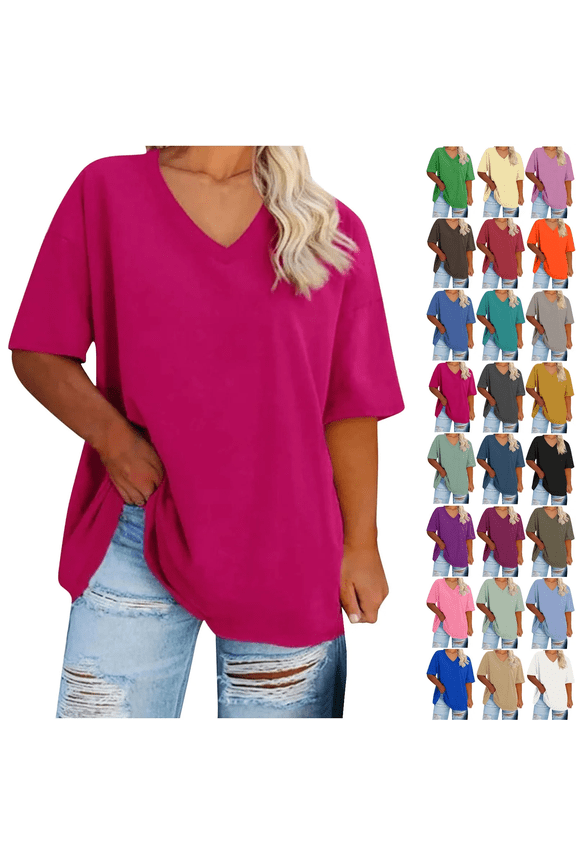 Spring Tops for Women Sawvnm Women's Plus Size Summer Short Sleeve Tunic Shirts Casual V-Neck Rollable Blouse Tops