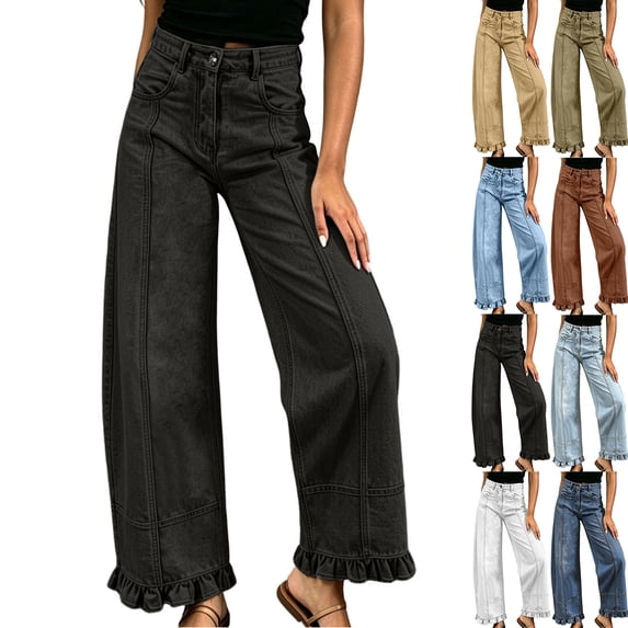Sawvnm Womens Black Jeans Wide Leg High Waisted Straight Ruffle Hem Denim Pants with Pockets Black L