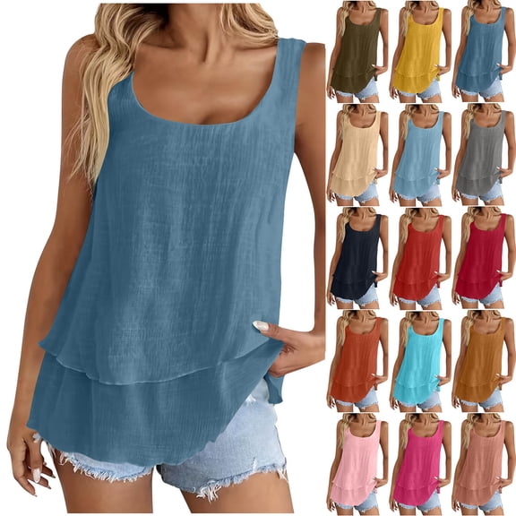 Sawvnm Womens Sleeveless Tank Top Loose Fit Summer Blouse Casual Scoop Neck Flowy Layered Shirt Lightweight Breathable Solid Color Tunic Top for Daily Wear Vacation Beach