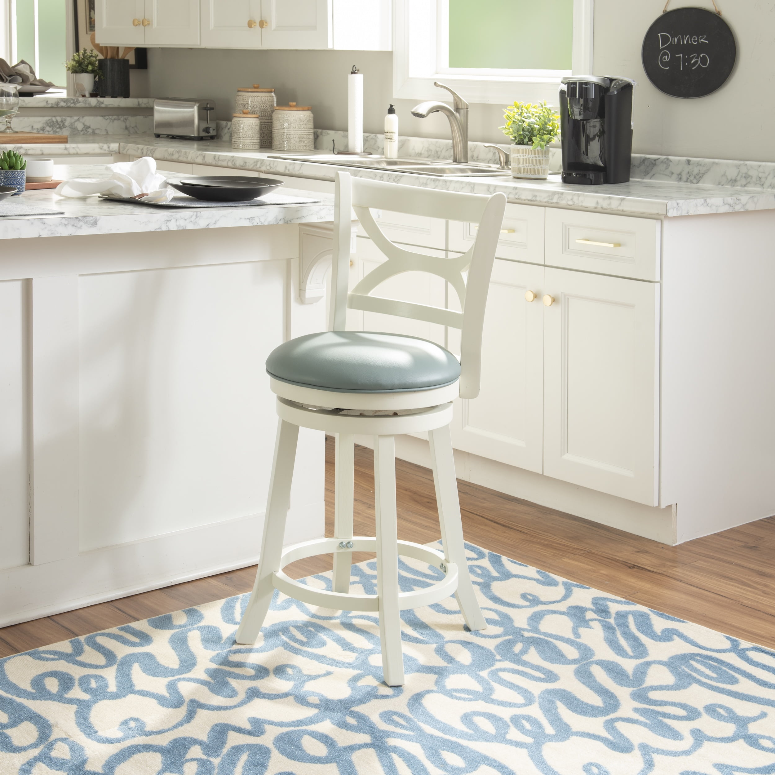 Powell Sawyer Counter Stool, 24" Seat Height, Cream Finish with Sky Blue Fabric