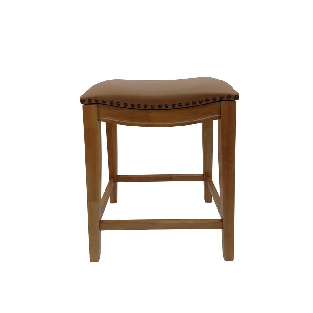 Sawyer 25" Natural Oak Saddle Counter Stool with Brown Upholstery