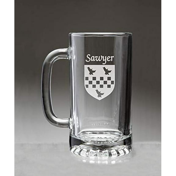 Sawyer Irish Coat of Arms Glass Beer Mug (Sand Etched)