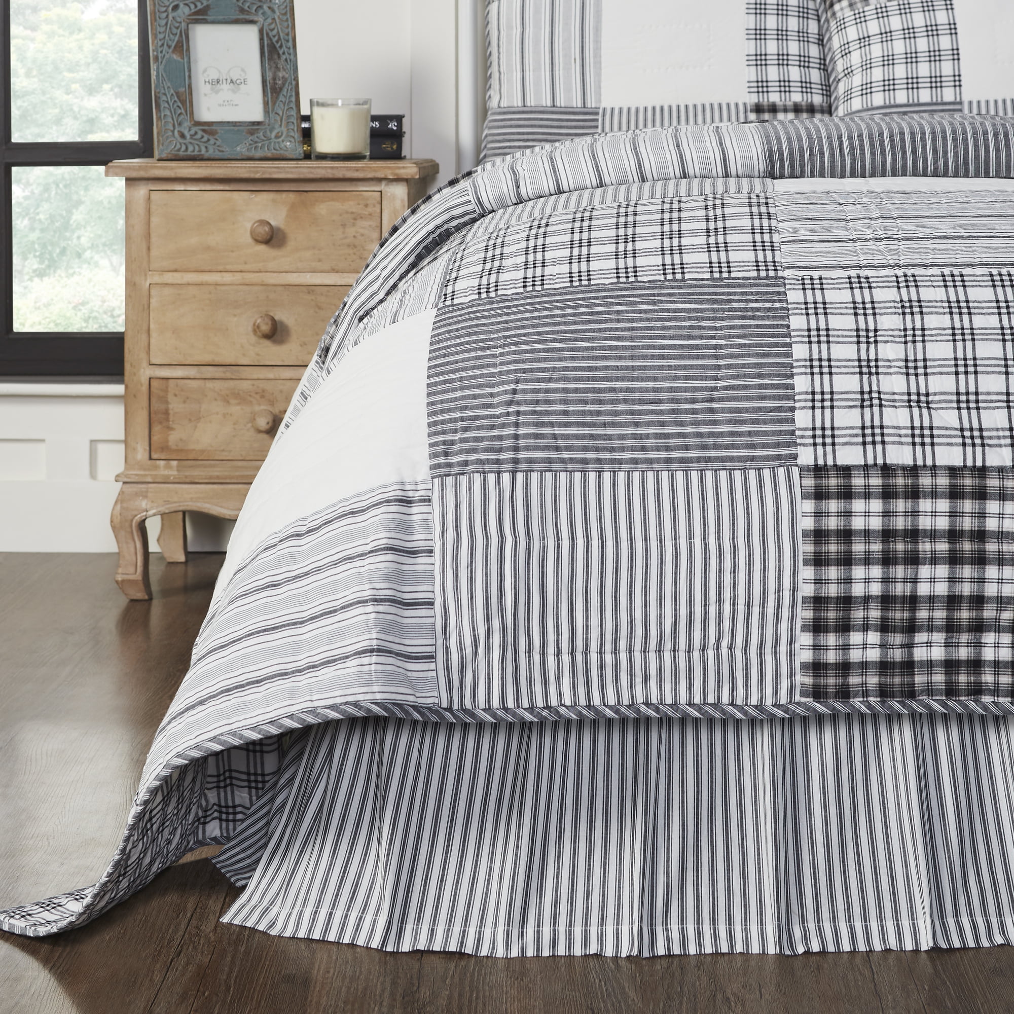 VHC Brands, Sawyer Mill Ticking Stripe Queen Bed Skirt, Black, 60x80x16