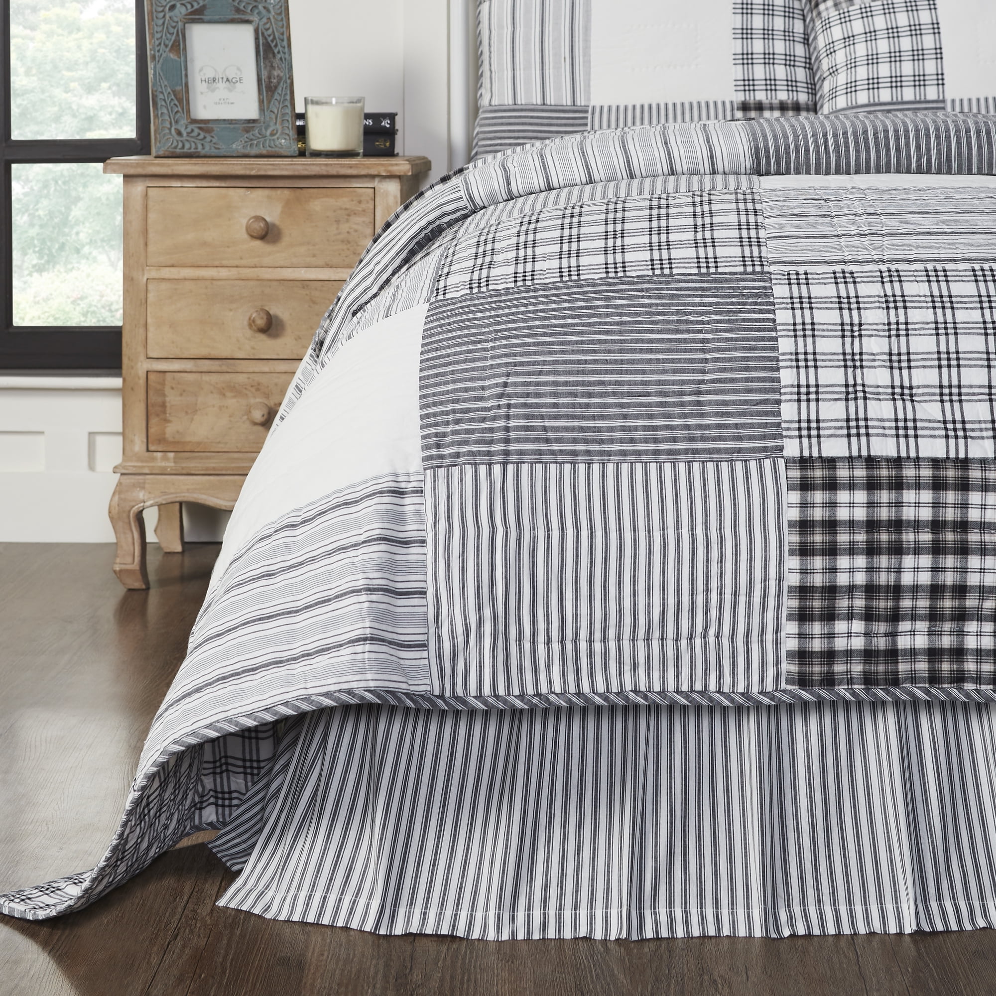 VHC Brands, Sawyer Mill Ticking Stripe Twin Bed Skirt, Black, 39x76x16