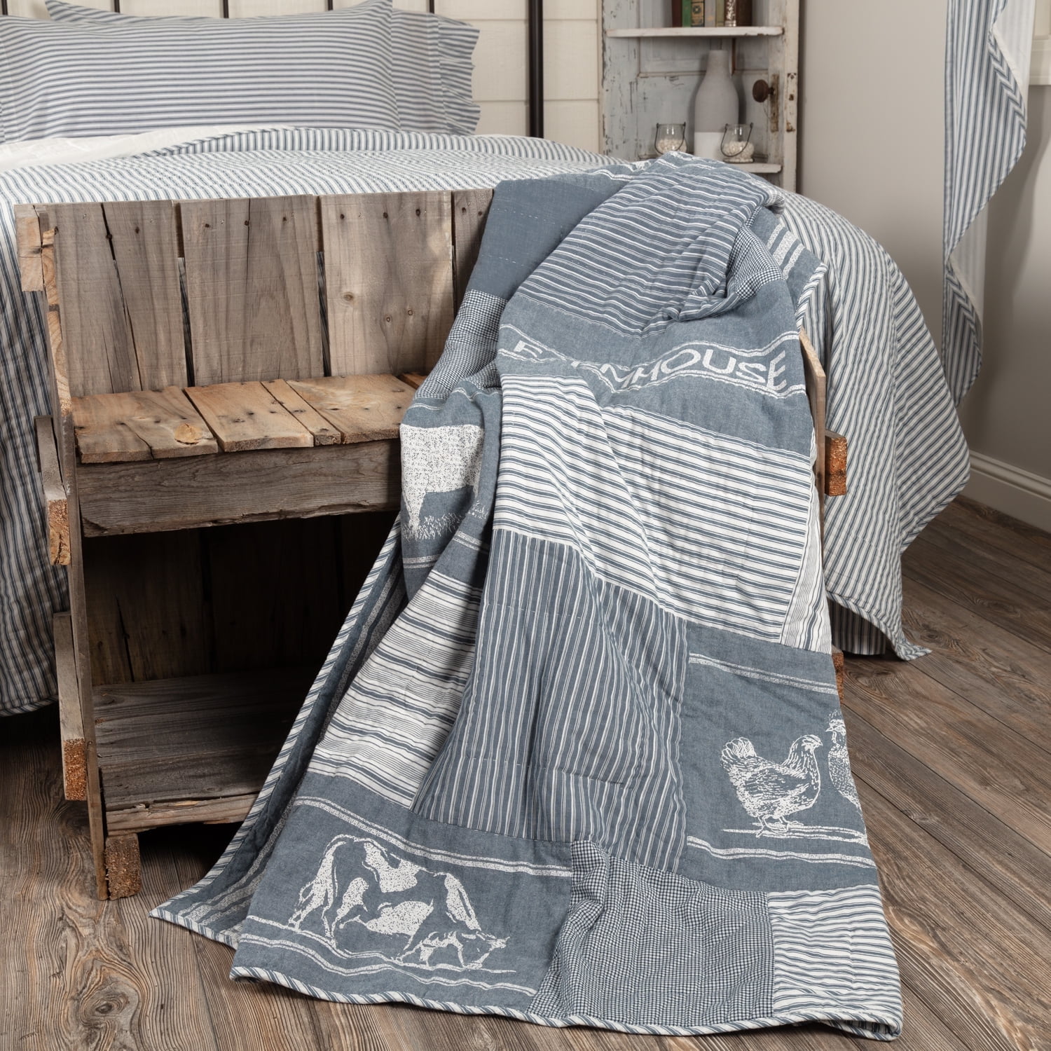 Denim Blue Cotton Farmhouse Quilted Throw Blanket