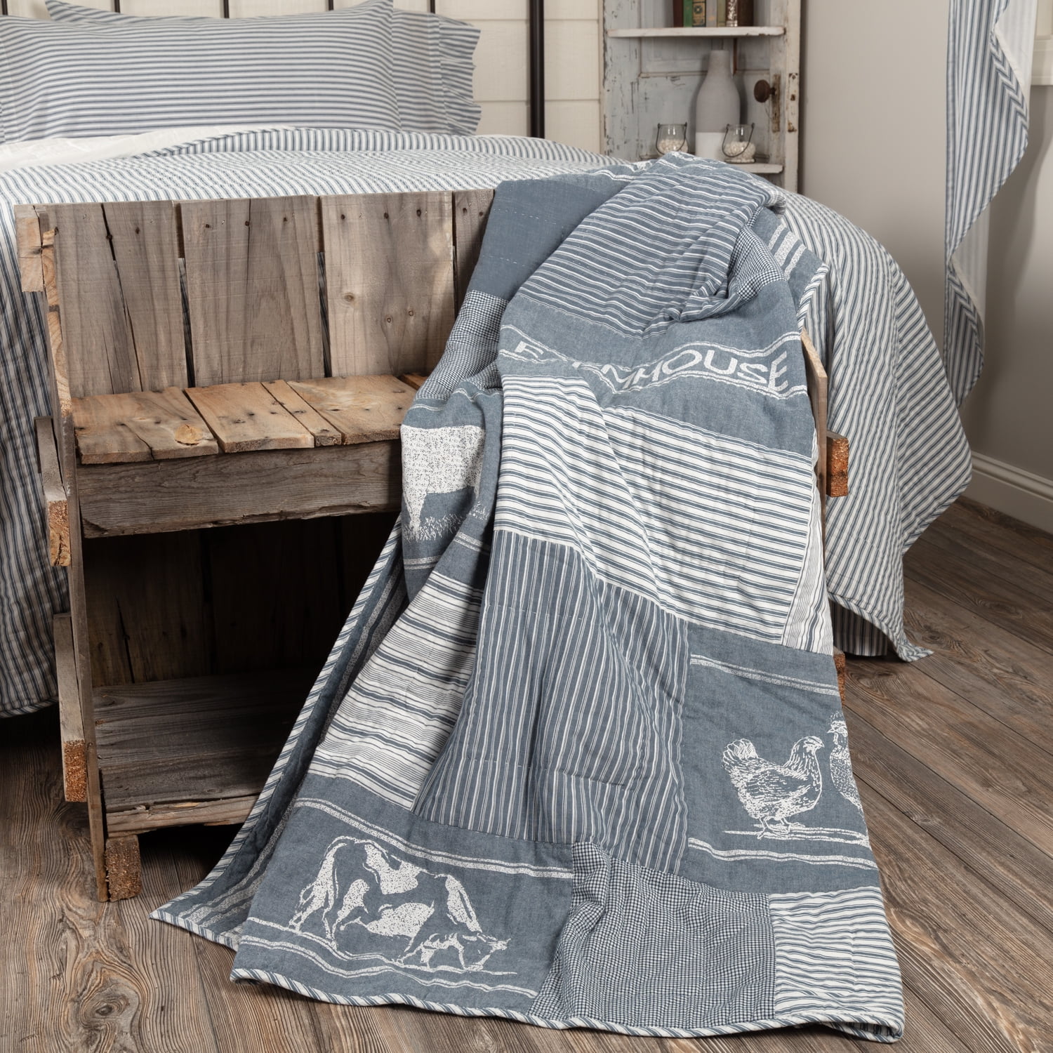 Denim Blue Cotton Farmhouse Quilted Throw Blanket