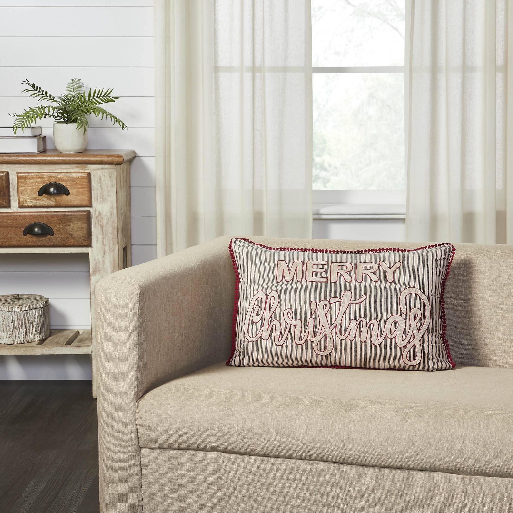 Merry Christmas Charcoal and Red Cotton Embroidered Throw Pillow