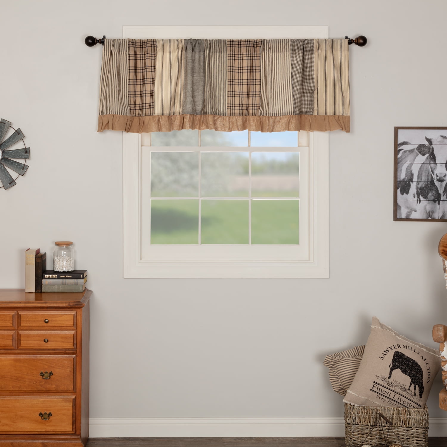 Sawyer Mill Charcoal Patchwork Cotton Valance with Burlap Ruffle 19" x 72"