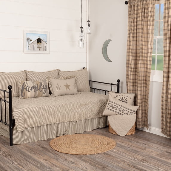 VHC Brands Sawyer Mill 5 Piece Daybed Bedding Sets 100% Cotton (1 Quilt, 1 Bed Skirt, 3 Standard Shams) Charcoal Ticking Stripe