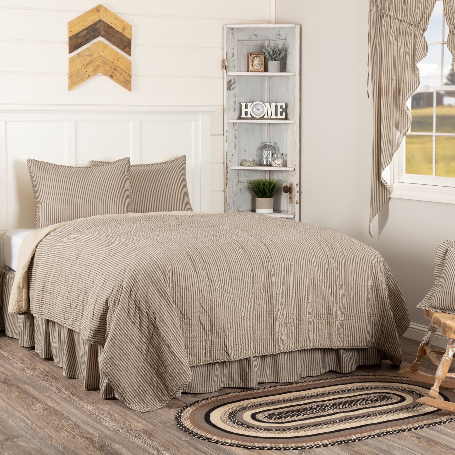 VHC Brands Sawyer Mill Ticking Stripe California King Quilt Set, Charcoal Gray
