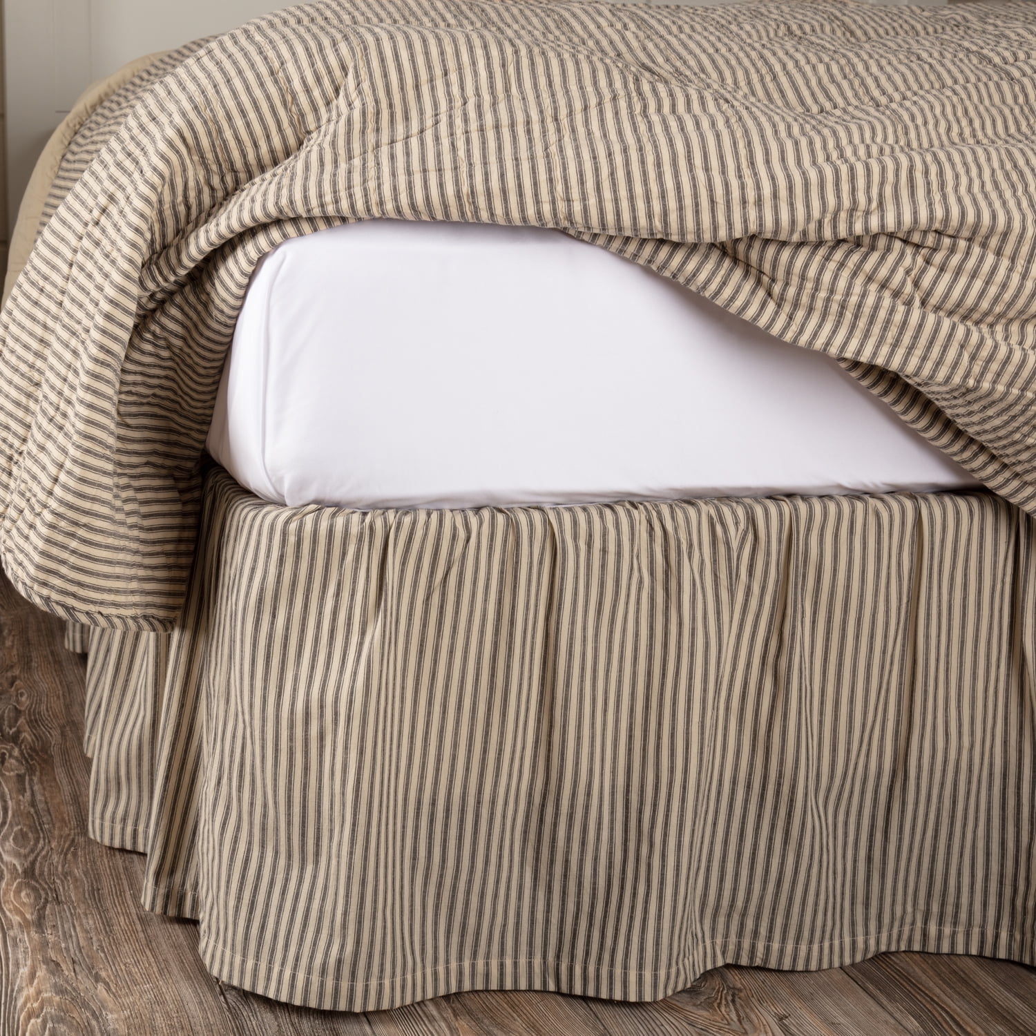 VHC Brands Sawyer Mill Ticking Striped Cotton Farmhouse Split Corners Gathered Twin Bed Skirt, 39x76x16, Charcoal Dark Creme White