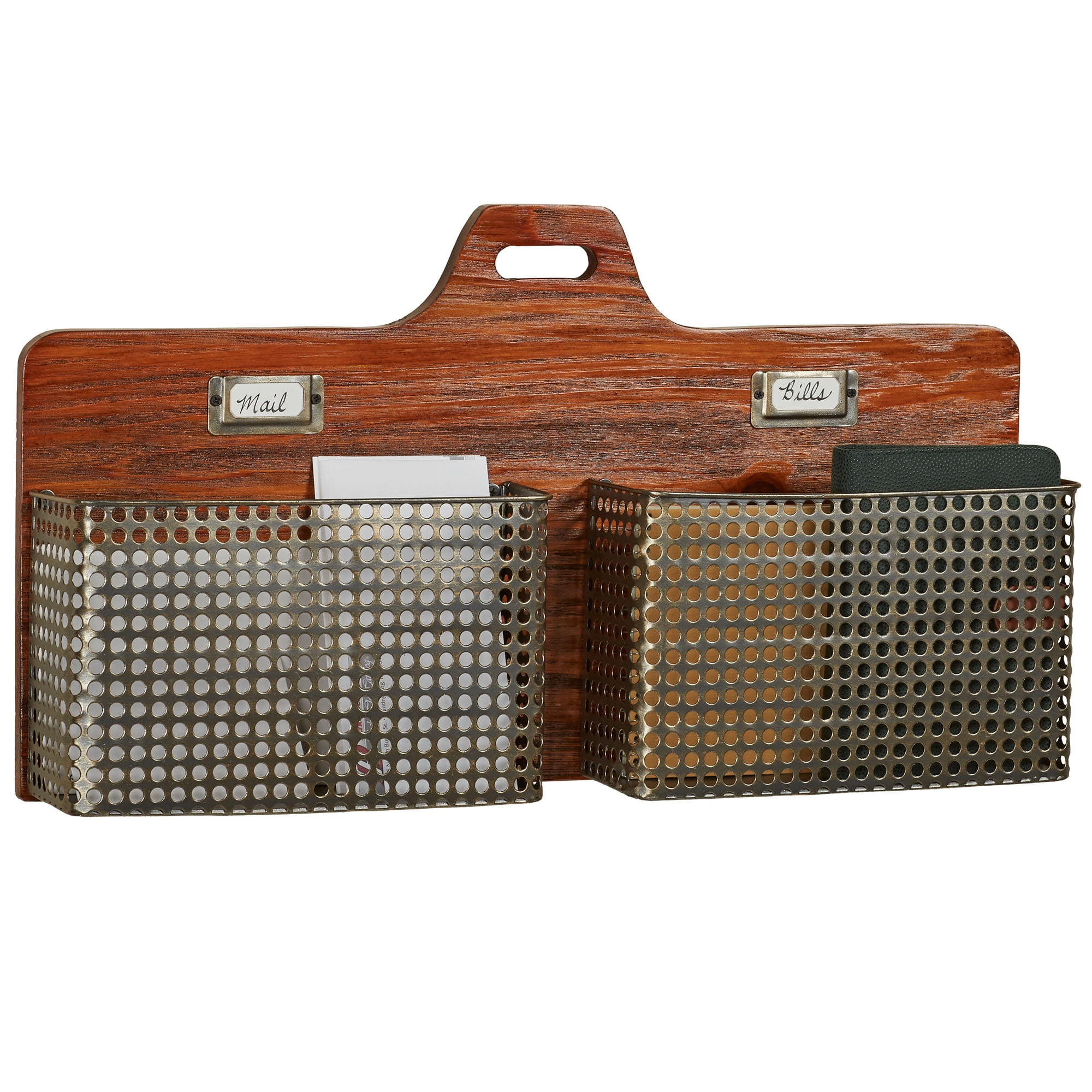 Sawyer Mission Red Oak Horizontal Wall Organizer with Metal Mesh Baskets