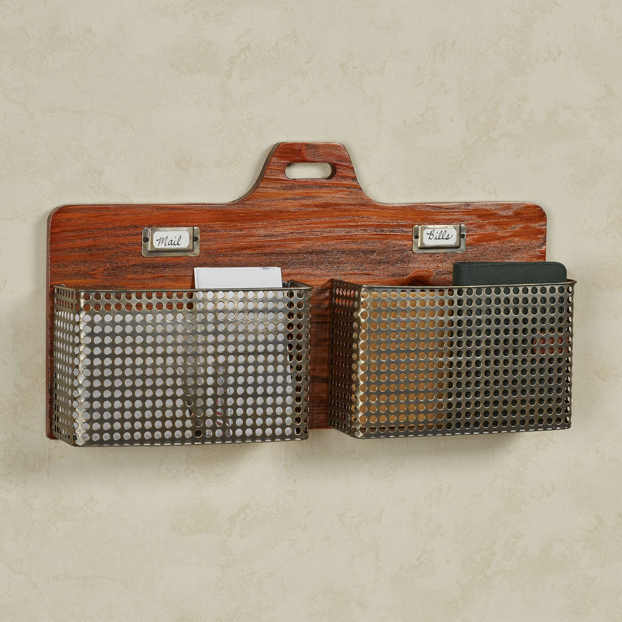 Sawyer Mission Red Oak Horizontal Wall Organizer with Metal Mesh Baskets