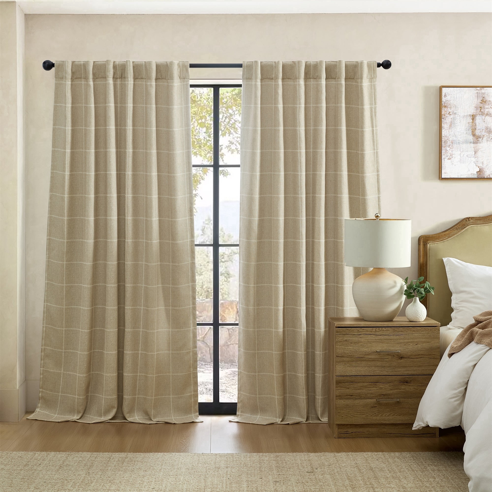 Elrene Home Fashions Sawyer Windowpane Plaid Blackout Window Curtain, Sand, 52" x 95"