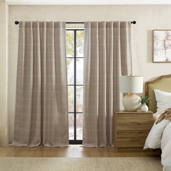 Elrene Home Fashions Sawyer Windowpane Plaid Blackout Window Curtain, Linen, 52" x 108"
