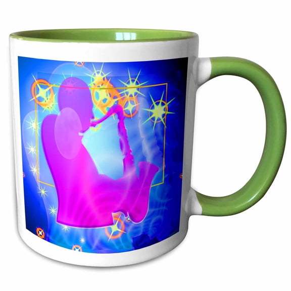 3drose, Sax Jazz Player Abstract Art with Stars and Blue Background Will Get Lots of Attention, 11oz Two-tone Green Mug