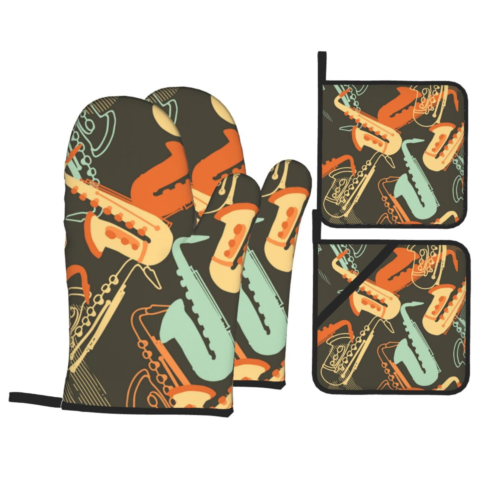 Sax Musical Party Art Retro 4Pcs Oven Mitts and Pot Holders Sets Oven Kitchen Gloves Hot Pads for Cooking BBQ Baking Grilling