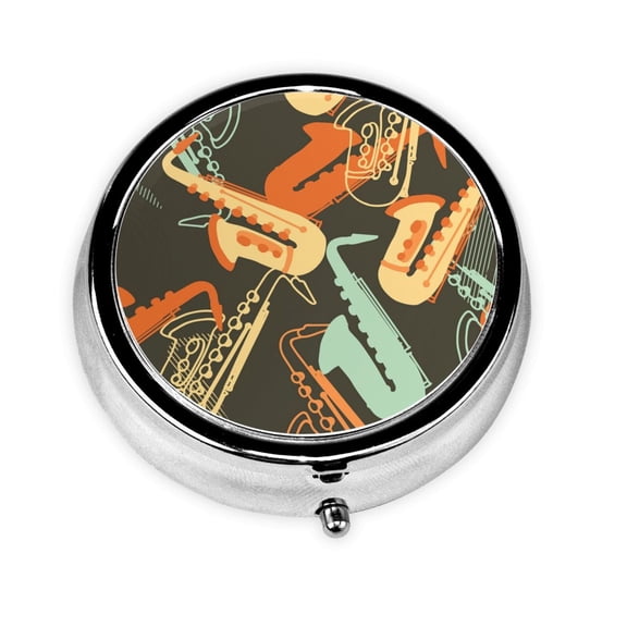 Sax Musical Party Art Retro Mini Round Pill Box Portable Small Pill Case Organizer with 3 Compartments for Pocket Purse