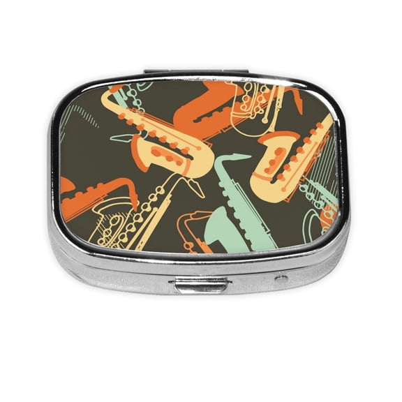 Sax Musical Party Art Retro Square Pill Box 2 Compartment Pill Case Medicine Organizer Decorative Gift for Purse Pocket