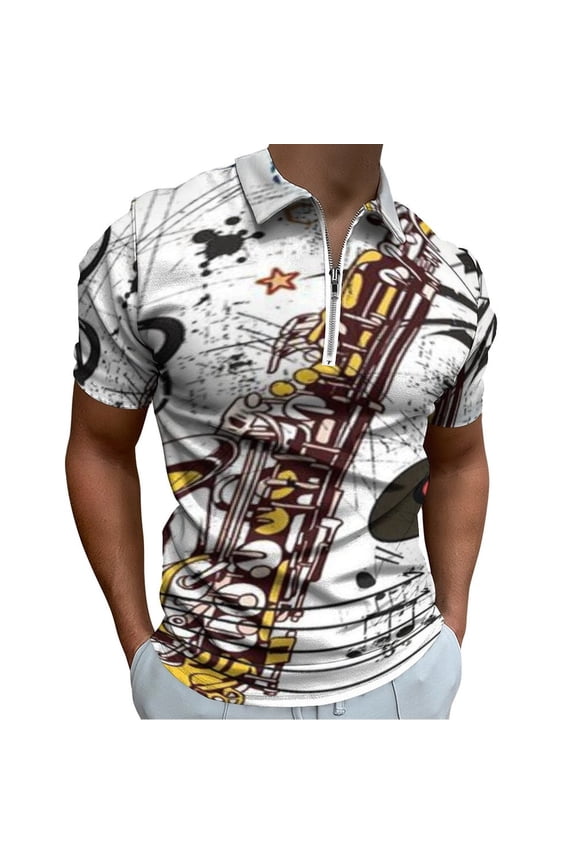 Sax Tunes Men Zipper T-shirt Summer Casual Short Sleeve T-shirt Top
