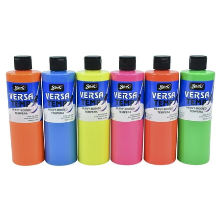 Sax Versatemp Heavy-Bodied Tempera Paint, 1 Pint Bottles, Assorted Fluorescent Neon Colors, Set of 6
