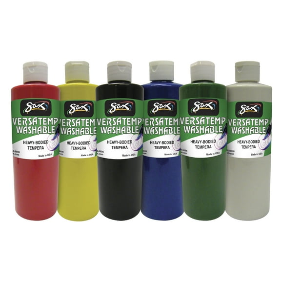Sax Versatemp Washable Heavy-Bodied Tempera Paint, 1 Pint Bottles, Assorted Colors, Set of 6