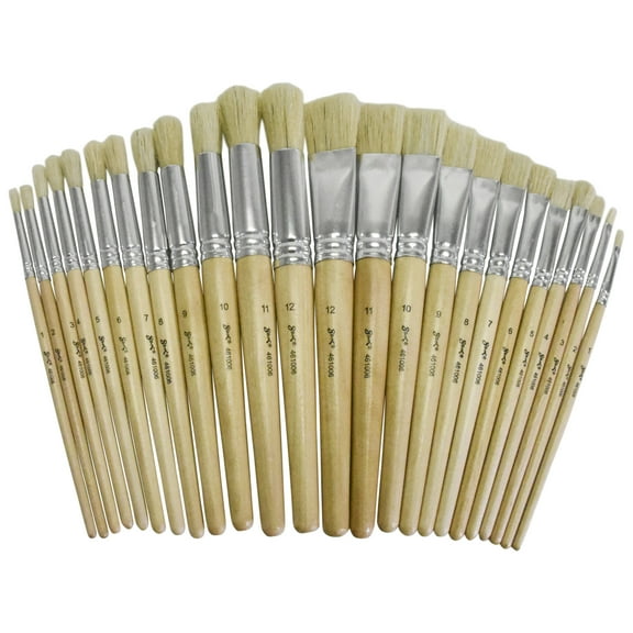 Sax White Bristle Paint Brushes with Short Wooden Handles, Flat and Round Assorted Sizes, Set of 24