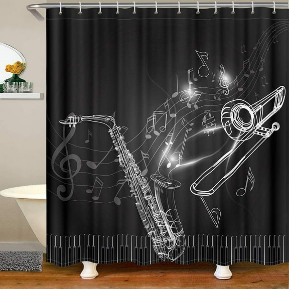 Saxophone Bathroom Shower Curtain Set Trombone Piano Keys Shower Curtain Jazz Music Theme Bath Curtain for Stalls Bathtubs Musical Instruments Waterproof Bathroom Curtains Room Decor 72x72 Inch