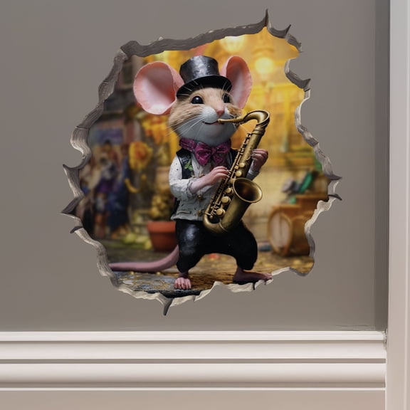 Saxophone Mouse in Mouse Hole Decal - Mouse Hole 3D Wall Sticker