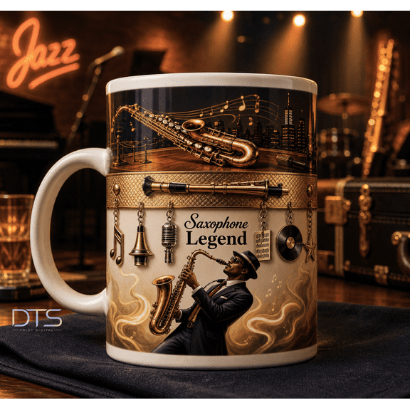 Saxophone Mug Gift for Jazz Lovers, Musician Coffee Cup, Saxophone Legend Design