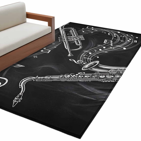 Saxophone Music Area Rug 4x6 Washable Rug Non Slip Modern Jazz Music Notes Black Large Area Rug Indoor Floor Carpet for Entryway Bedroom Kitchen Living Room Home Office Dining Room Nursery