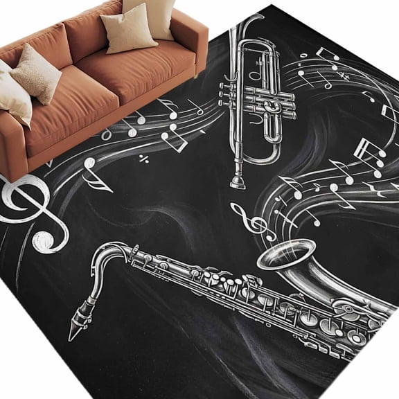 Saxophone Music Area Rug 5x7 Washable Rug Non Slip Modern Jazz Music Notes Black Large Area Rug Soft Stainresistant Indoor Floor Carpet for Living Room Bedroom Home Office Dining Room Nursery