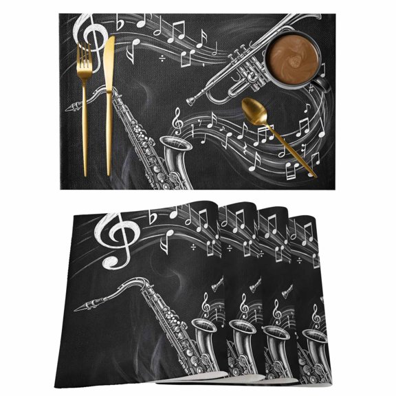 Saxophone Music Placemats Set of 4 Modern Jazz Music Notes Black Place Mats Indoor Wipeable Table Mats Washable Cloth Dining Table Placemats for Kitchen Holiday Party Home Decor 13x19 Inch
