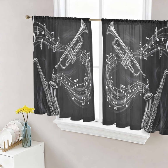 Saxophone Music Sheer Curtains for Living Room Bedroom Modern Jazz Music Notes Black Sheer Curtains 45 Inch Long 2 Panels Set Light Filtering Curtain Window Treatments Drapes for Dining Room
