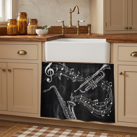 Saxophone Music Small Cabinet Curtains 11"W x 13"L, Modern Jazz Music Notes Black Sink Skirt Dust-Proof Short Curtain for Bathroom Vanity Storage Cubby Desk, Self Adhesive Privacy Drapes