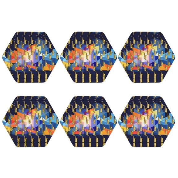 Saxophone Musical Instruments Set of 6 Faux Leather 4 Inch Coasters Drinks Tabletop Home Dinning Hexagon