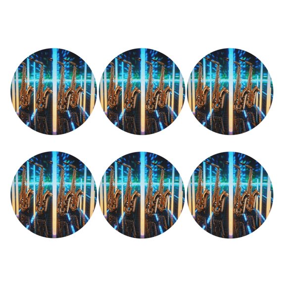 Saxophone Musical Instruments Set of 6 Faux Leather 4 Inch Coasters Drinks Tabletop Home Dinning Round Shape